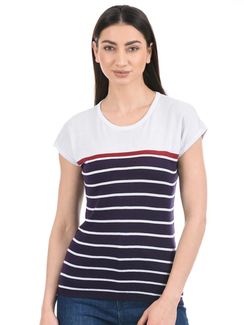 

PORTOBELLO Women White & Navy Blue Striped Extended Sleeves T-shirt
