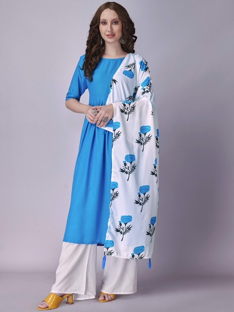 

Fashion FRICKS Women Blue Floral Embroidered Panelled Kurti with Palazzos & With Dupatta
