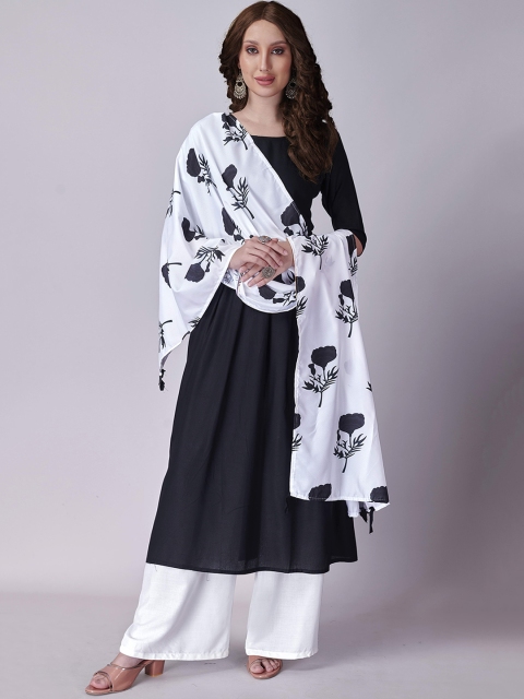 

Fashion FRICKS Women Black Floral Pleated Kurta with Palazzos & With Dupatta