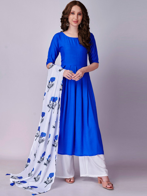 

Fashion FRICKS Women Blue Floral Pleated Kurta with Palazzos