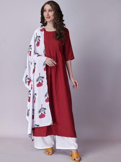 

Fashion FRICKS Women Maroon Floral Panelled Kurta with Palazzos & With Dupatta