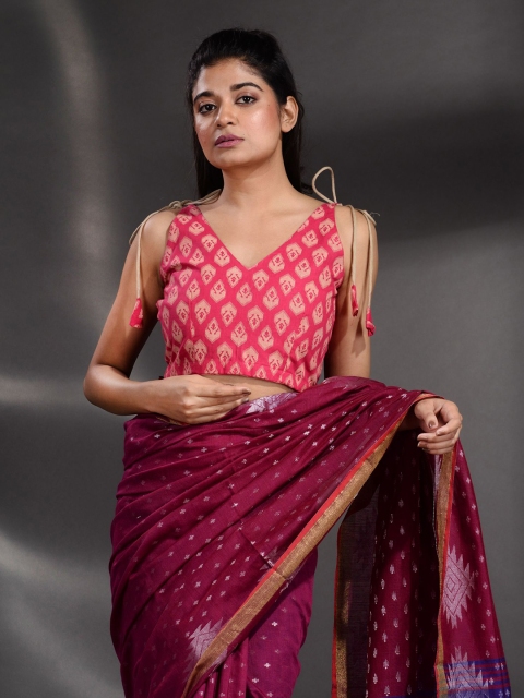 

Charukriti Maroon & Beige Printed Cotton Sleeveless Saree Blouse