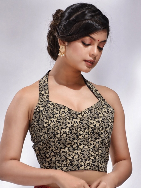 

Charukriti Black Printed Cotton Saree Blouse