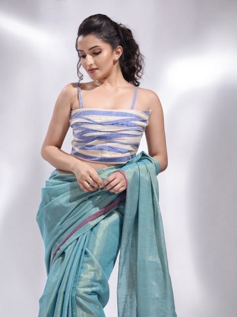 

Charukriti Off White & Blue Striped Cotton Saree Blouse
