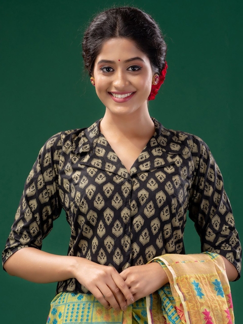 

Charukriti Women Black Printed Cotton Saree Blouse