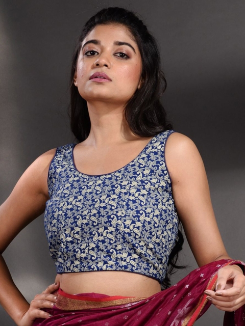 

Charukriti Women Blue Embellished Cotton Saree Blouse