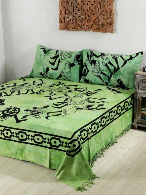 

HANDICRAFT PALACE Green & Black Ethnic Motifs 180 TC Queen Bedsheet with 2 Pillow Covers