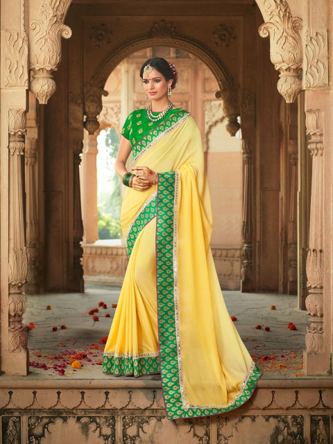 

Shaily Yellow & Green Pure Chiffon Saree