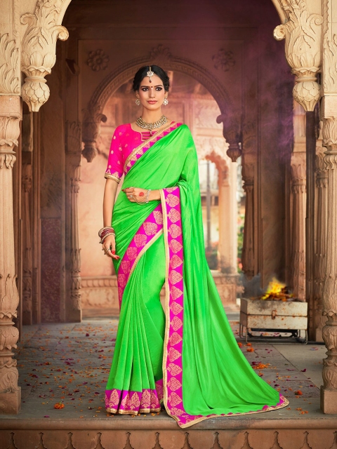 

Shaily Green & Pink Pure Chiffon Saree