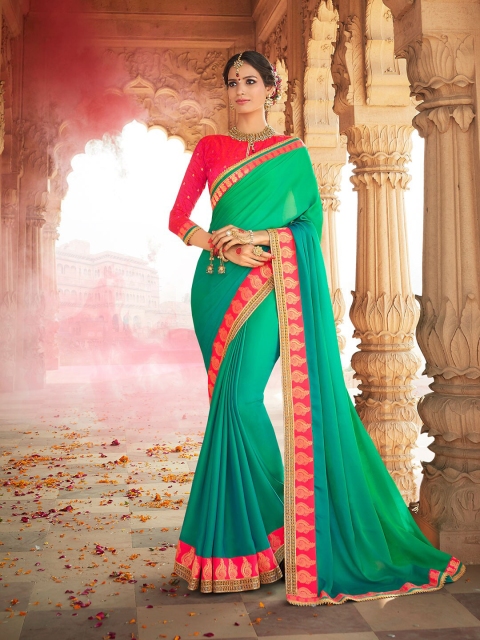 

Shaily Women Green & Pink Pure Chiffon Saree