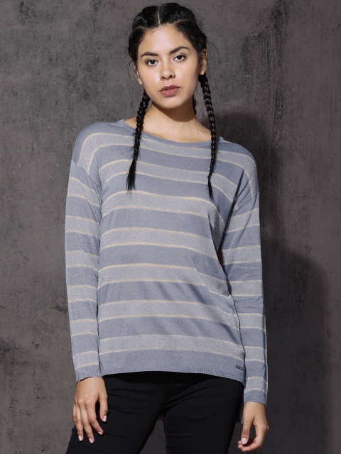 

RDSTR Women Grey Striped Shimmery Pullover