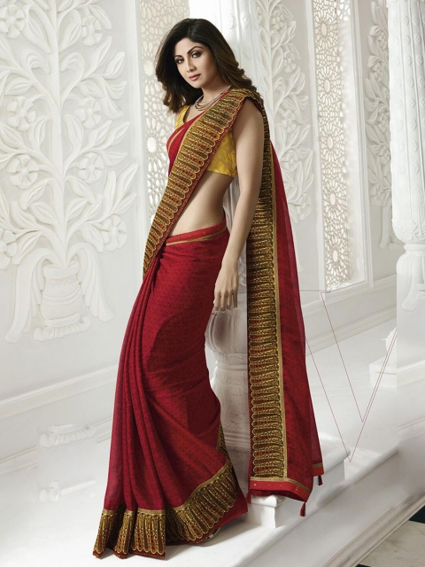 

Shaily Maroon & Gold-Toned Pure Chiffon Saree