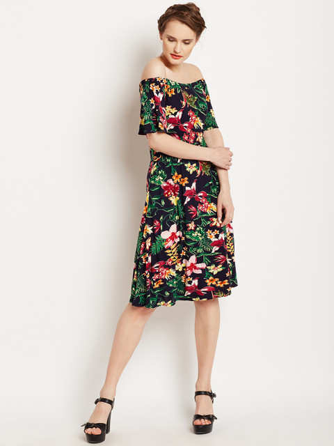 

COVER STORY Women Navy & Green Printed Off-Shoulder Fit & Flare Dress, Navy blue