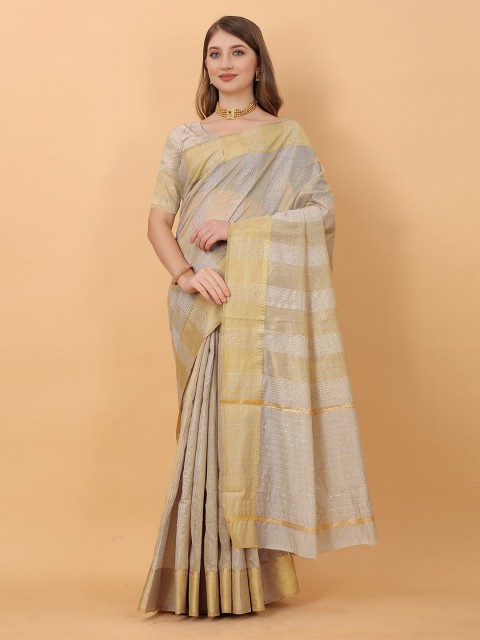 

MARGI DESIGNERS Grey & Gold-Toned Striped Silk Cotton Banarasi Saree