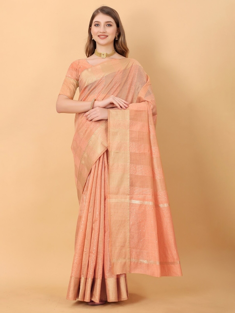 

MARGI DESIGNERS Orange & Gold-Toned Woven Design Sequinned Silk Cotton Banarasi Saree