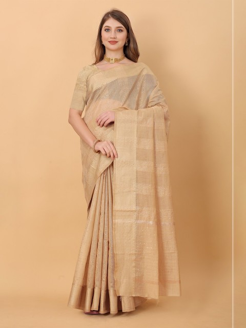 

MARGI DESIGNERS Cream-Coloured & Gold-Toned Woven Design Sequinned Silk Cotton Banarasi Saree