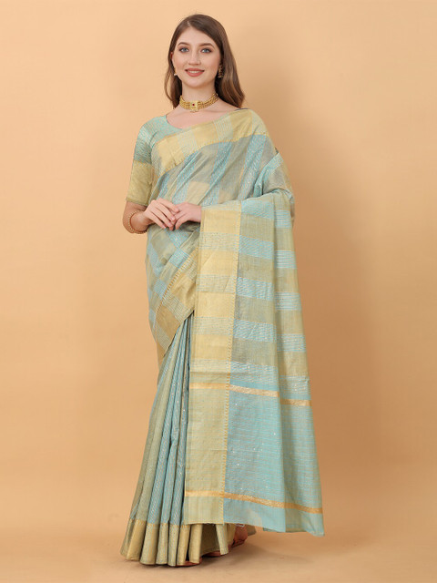 

MARGI DESIGNERS Blue & Gold-Toned Woven Design Sequinned Silk Cotton Banarasi Saree