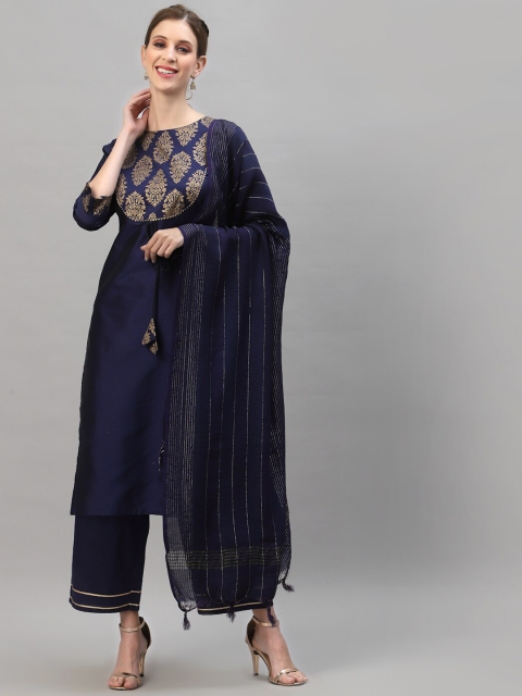 

SKYLEE Women Navy Blue Printed Silk Blend Kurta with Palazzos & With Dupatta