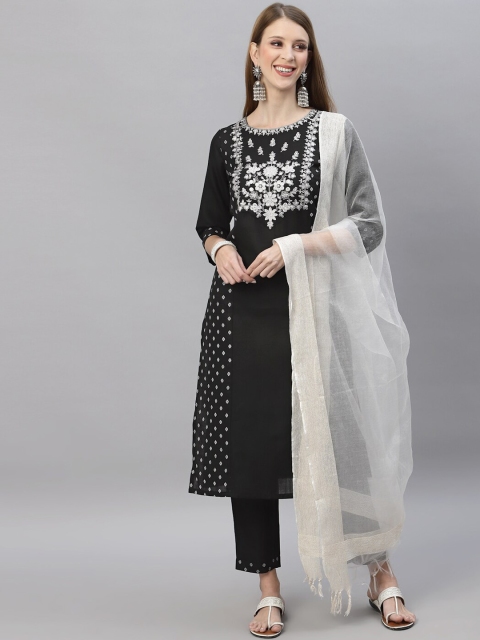 

SKYLEE Women Black Floral Embroidered Kurta with Trousers & With Dupatta