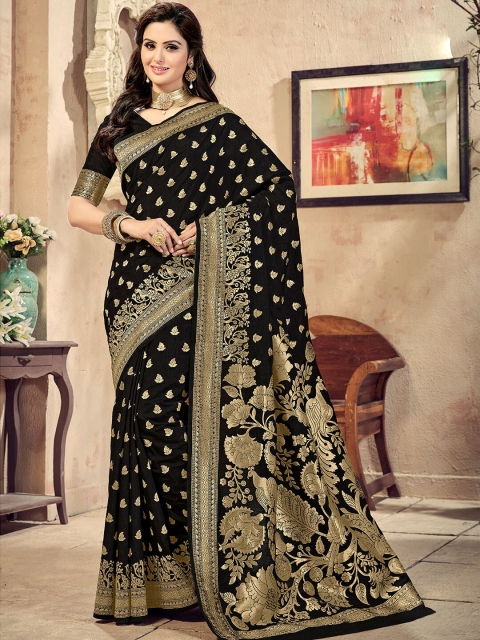 

Shaily Women Black & Gold-Toned Woven Design Silk Blend Banarasi Saree