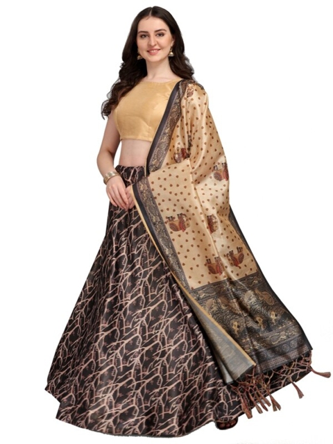 

LOOKFIELD Beige & Brown Printed Semi-Stitched Lehenga & Unstitched Blouse With Dupatta