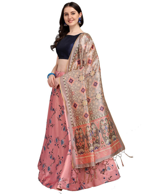 

LOOKFIELD Peach-Coloured & Blue Semi-Stitched Lehenga & Unstitched Blouse With Dupatta