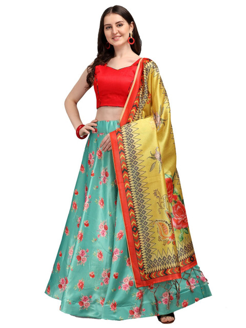

LOOKFIELD Red & Green Printed Semi-Stitched Lehenga & Unstitched Blouse With Dupatta