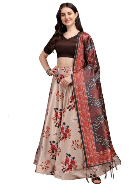 

LOOKFIELD Women Brown & Beige Semi-Stitched Lehenga & Unstitched Blouse With Dupatta