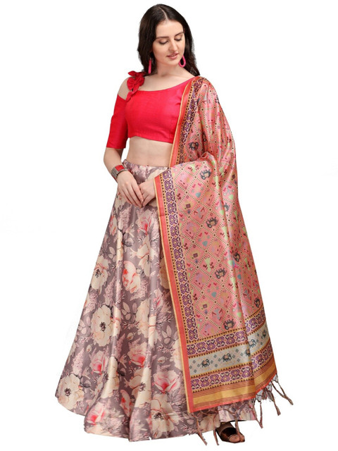 

LOOKFIELD Red & Grey Printed Semi-Stitched Lehenga & Unstitched Blouse With Dupatta