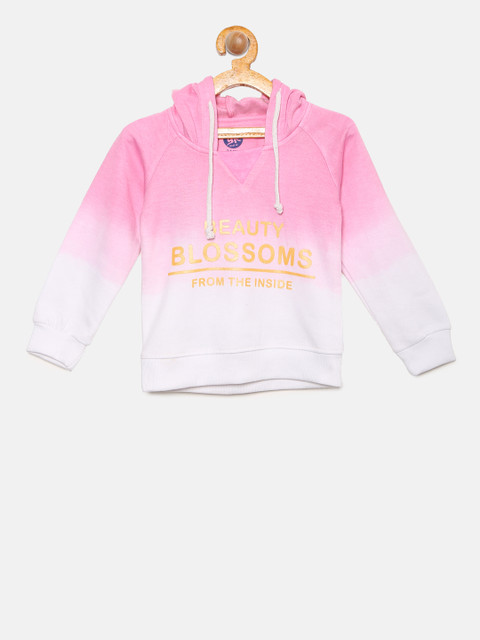 

YK Girls Pink & White Colourblocked & Printed Hooded Sweatshirt