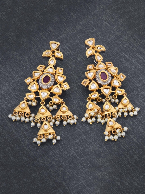 

Tistabene Red & White Gold-Plated Geometric Kundan Drop Earrings