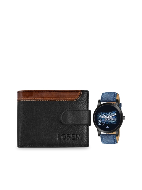 

FERRIZZO Men Black & Blue Watch & Artificial Leather Wallet Accessory Gift Set