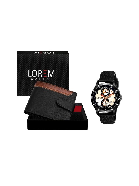 

FERRIZZO Men Pack of 2 Black Solid Watch & Artificial Leather Wallet