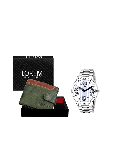 

FERRIZZO Men Silver & Green Set Of 2 Watch & Artificial Leather Wallet Accessory Gift Set