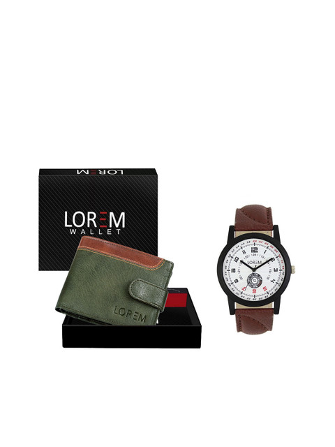 

FERRIZZO Men Brown Strap Watch & Green Artificial Leather Wallet, White