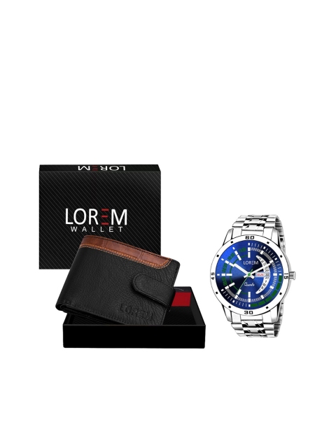 

FERRIZZO Men Black & Sliver Watch And Wallet Combo Accessory Gift Set WL45-LR110-Blue, Silver