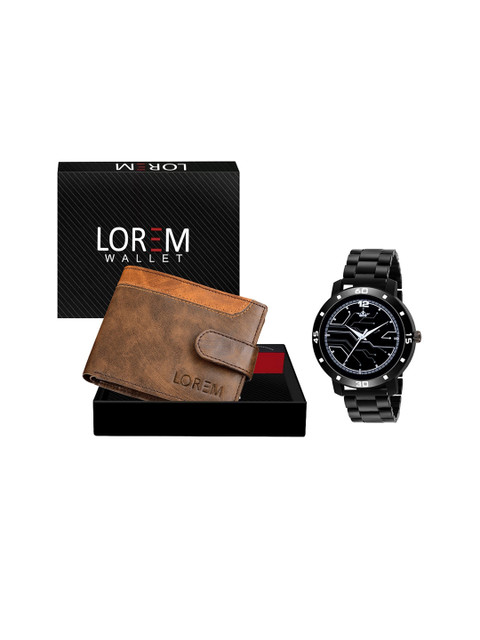 

FERRIZZO Men Black & Brown Textured Watch and Wallet Combo Accessory Gift Set