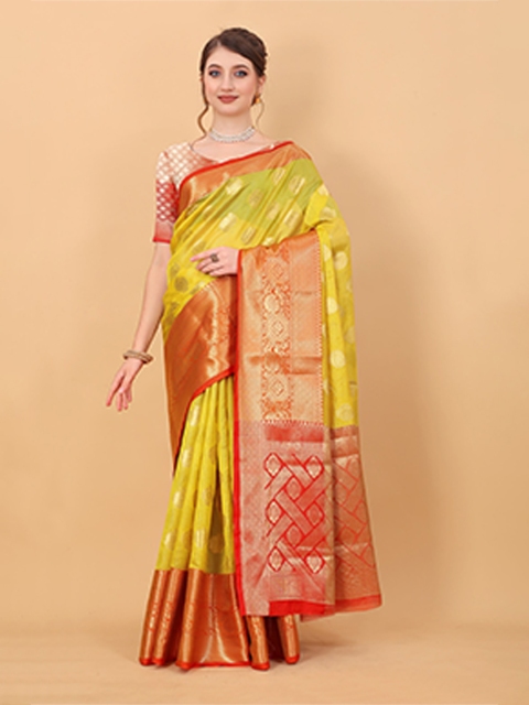 

MARGI DESIGNERS Yellow & Red Ethnic Motifs Zari Organza Banarasi Saree