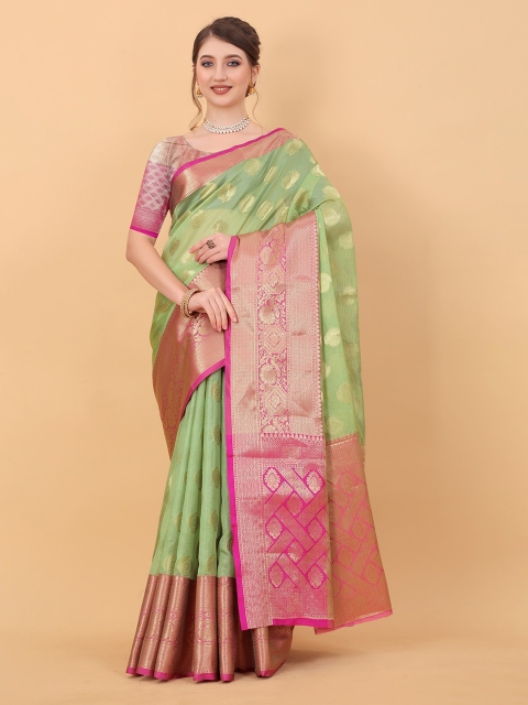 

MARGI DESIGNERS Green & Pink Ethnic Motifs Zari Organza Banarasi Saree