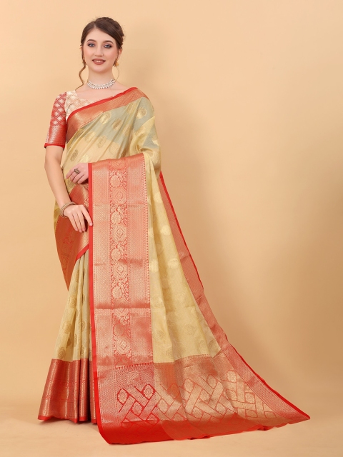 

MARGI DESIGNERS Cream-Coloured & Red Ethnic Motifs Zari Organza Banarasi Saree