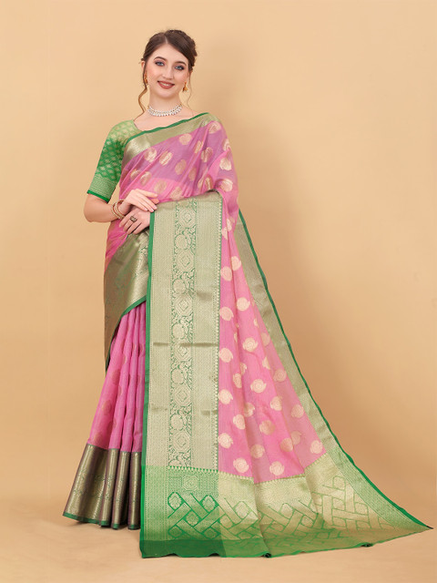 

MARGI DESIGNERS Pink & Green Ethnic Motifs Zari Organza Banarasi Saree