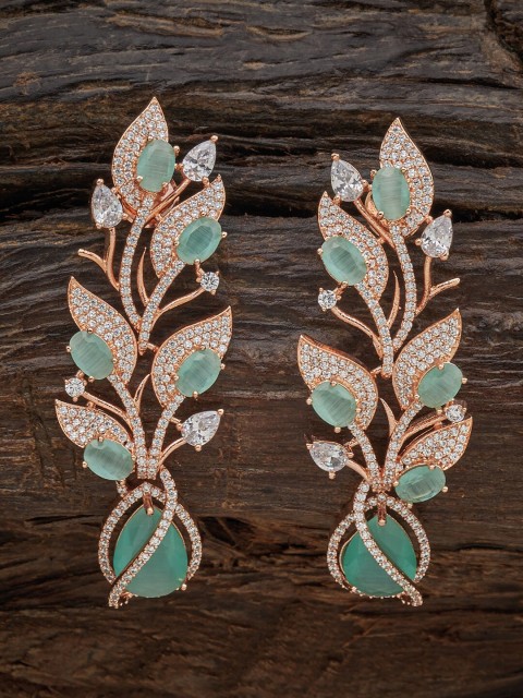 

Kushal's Fashion Jewellery Sea Green Rose-Gold Leaf Sparkling Cubic Zirconia Drop Earrings