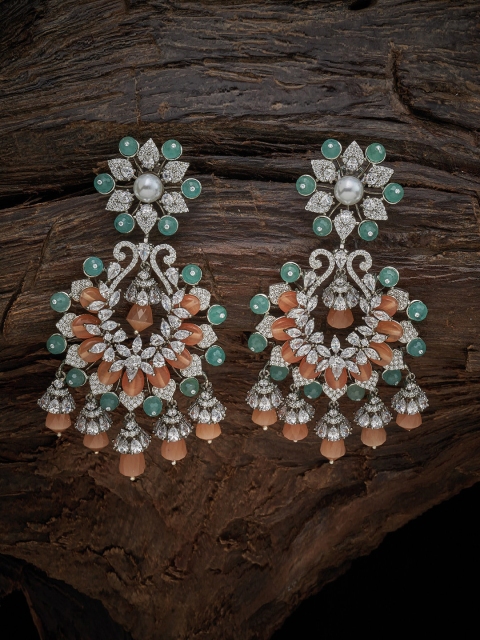 

Kushal's Fashion Jewellery Peach & Green Rhodium-Plated Floral Chandbalis Earrings