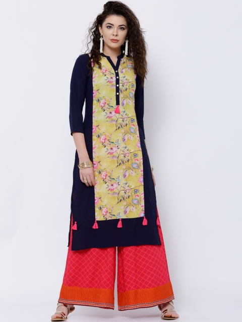 

Vishudh Women Navy Blue & Mustard Yellow Printed Straight Kurta