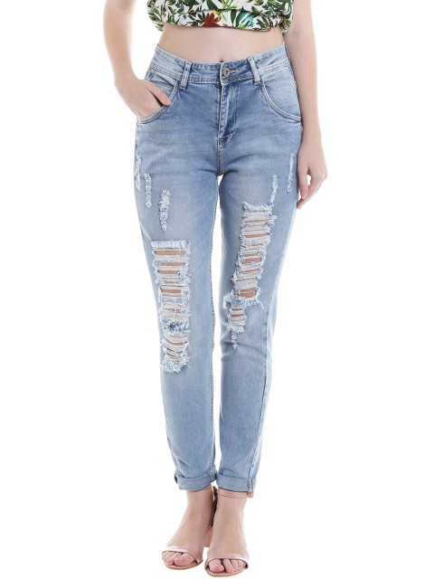 

TARAMA Women Blue Boyfriend Fit High-Rise Highly Distressed Jeans