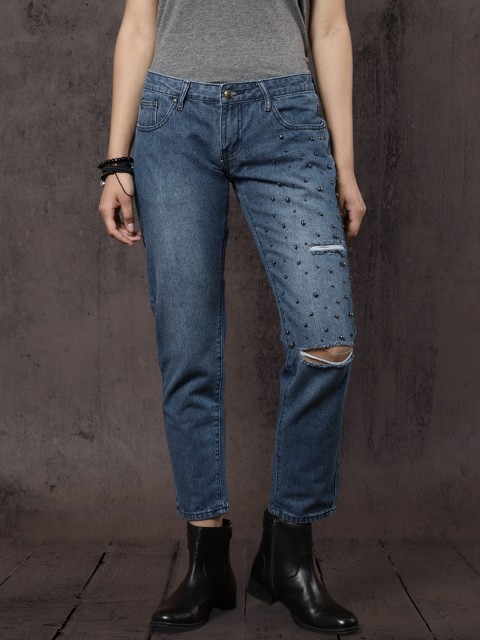

Roadster Women Blue Slim Fit Mid-Rise Mildly Distressed Embellished Jeans