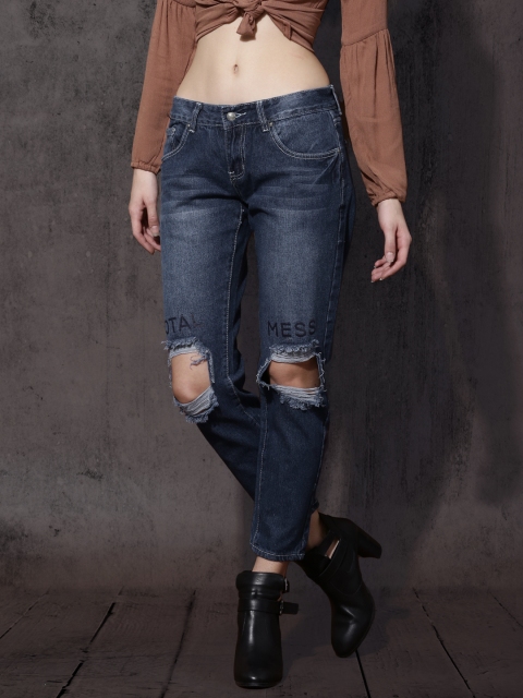 

Roadster Women Blue Boyfriend Tapered Fit Mid-Rise Highly Distressed Jeans