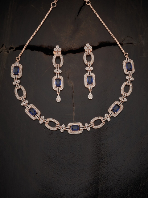 

Kushal's Fashion Jewellery Rose-Gold Plated Blue CZ Studded Jewellery Set