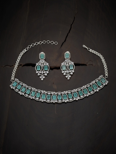 

Kushal's Fashion Jewellery Rhodium-Plated Sea-Green & White CZ Stone-Studded Jewellery Set