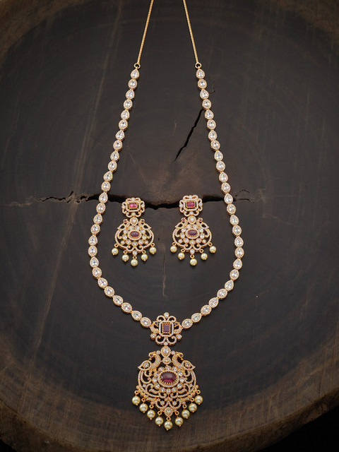 

Kushal's Fashion Jewellery Gold-Plated White & Red CZ-Studded & Pearl Beaded Antique Jewellery Set